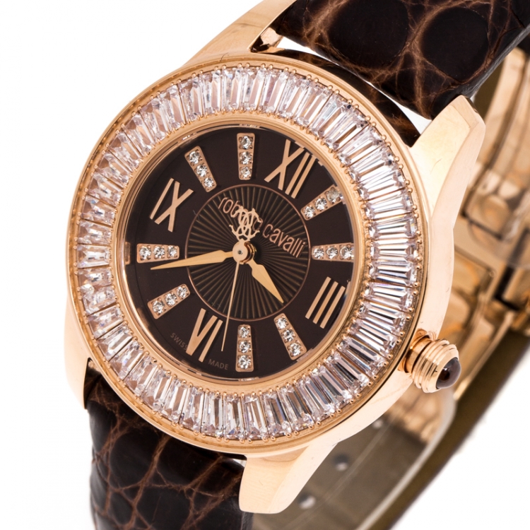 Pre Owned Roberto Cavalli Brown Gold-Plated Stainless Steel Crystal Fugit Women's Wristwatch 36MM