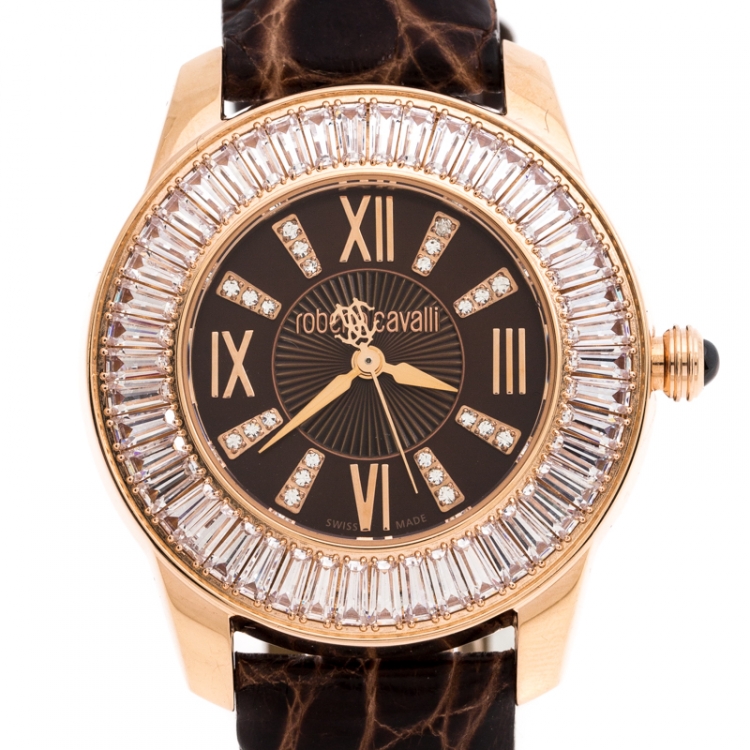Pre Owned Roberto Cavalli Brown Gold-Plated Stainless Steel Crystal Fugit Women's Wristwatch 36MM
