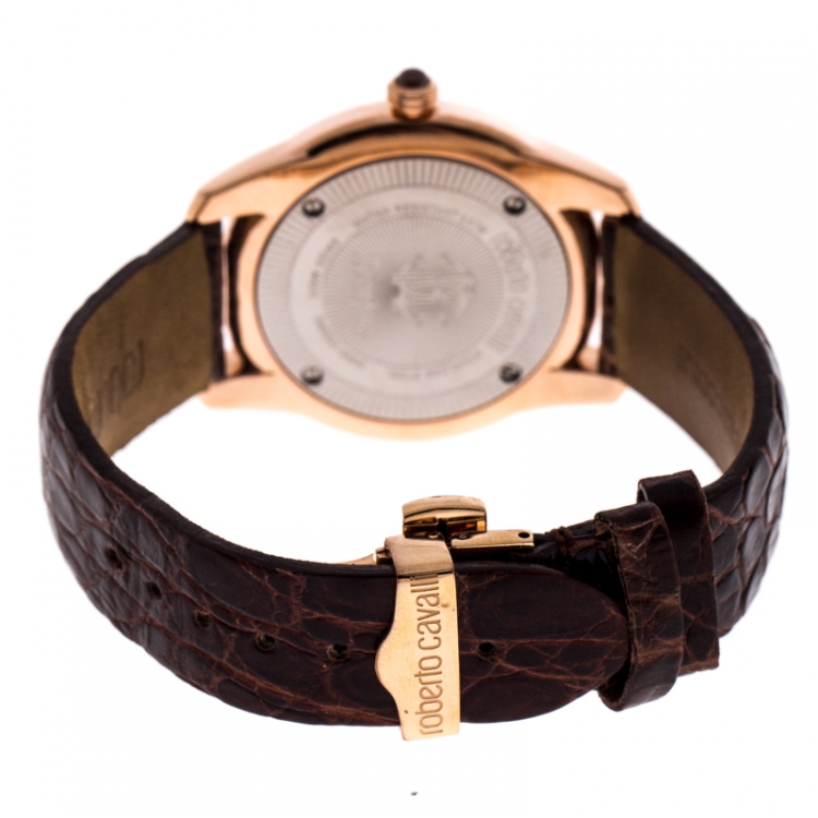 Pre Owned Roberto Cavalli Brown Gold-Plated Stainless Steel Crystal Fugit Women's Wristwatch 36MM