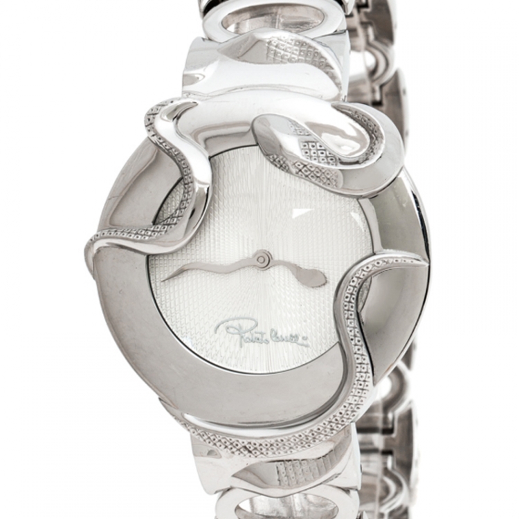 Pre Owned Robertto Cavalli Silver Stainless Steel Snake Women's Wristwatch 38 MM