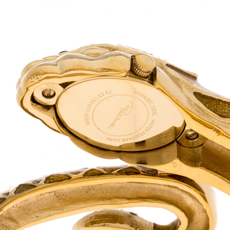 Pre Owned Roberto Cavalli Yellow Gold Plated Stainless Steel Eva Snake 7253126017 Women's Wristwatch 18 mm