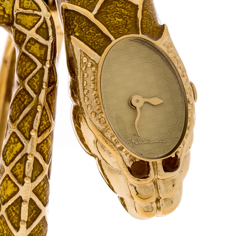 Pre Owned Roberto Cavalli Yellow Gold Plated Stainless Steel Eva Snake 7253126017 Women's Wristwatch 18 mm