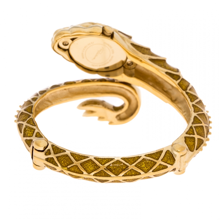 Pre Owned Roberto Cavalli Yellow Gold Plated Stainless Steel Eva Snake 7253126017 Women's Wristwatch 18 mm