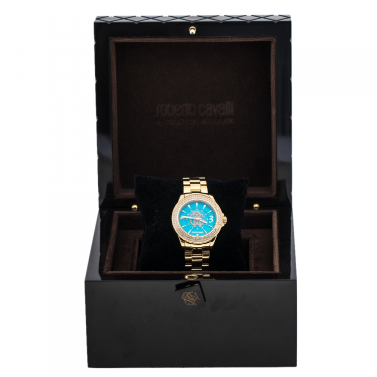 Pre Owned Roberto Cavalli by Franck Muller Aqua Blue Yellow Gold tone Stainless Steel 1L002 Women's Wristwatch 37 mm