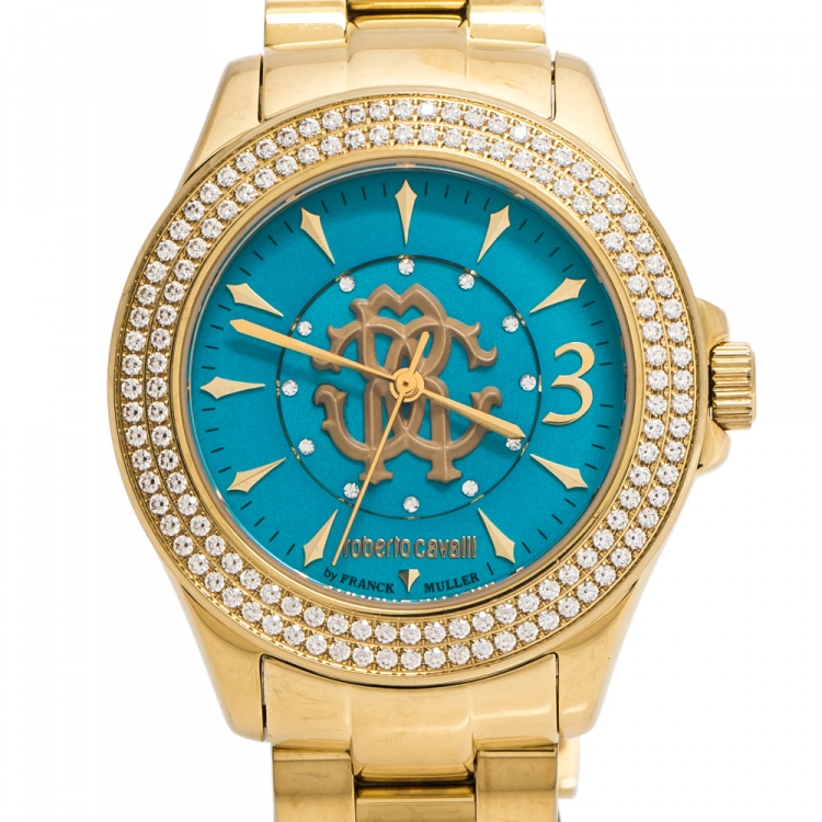 Pre Owned Roberto Cavalli by Franck Muller Aqua Blue Yellow Gold tone Stainless Steel 1L002 Women's Wristwatch 37 mm