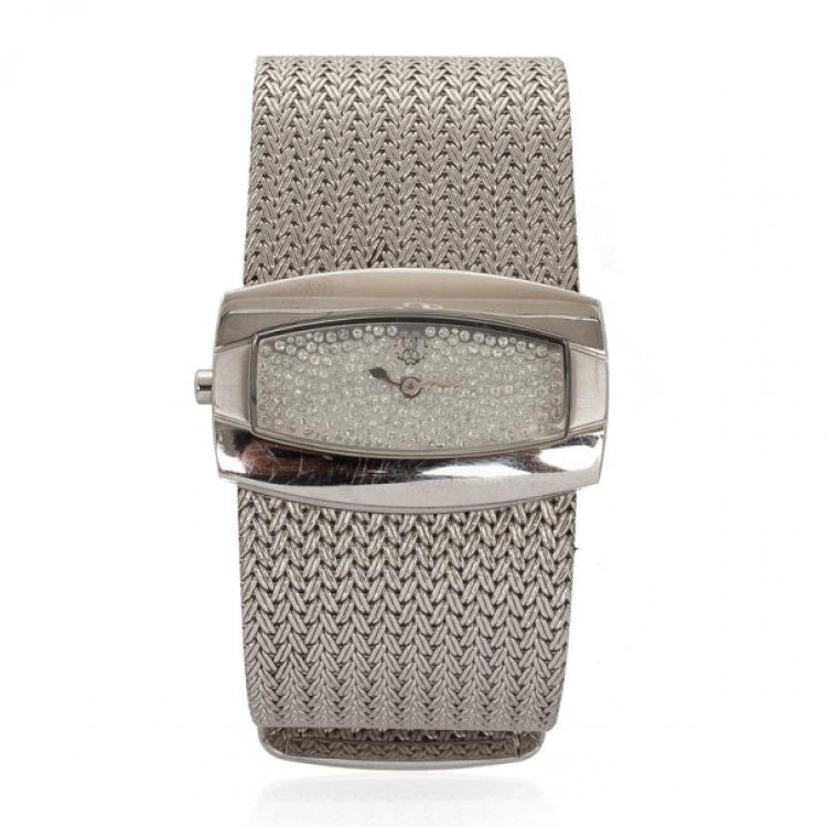 Pre Owned Roberto Cavalli Pave Ellisse Silver Plated Womens Bracelet Wristwatch 40 MM