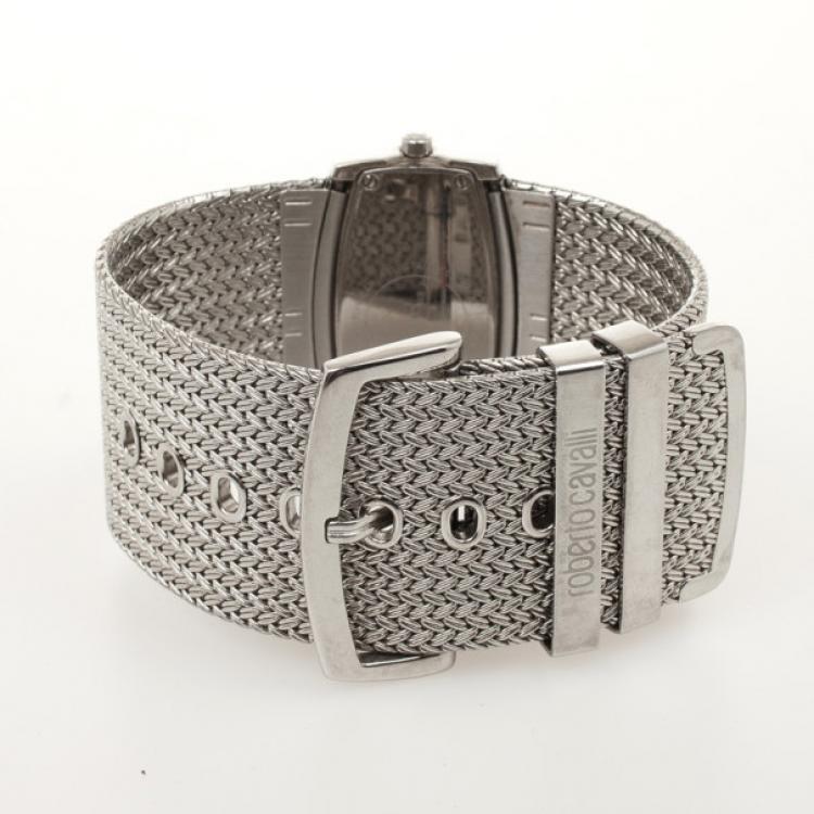 Pre Owned Roberto Cavalli Pave Ellisse Silver Plated Womens Bracelet Wristwatch 40 MM