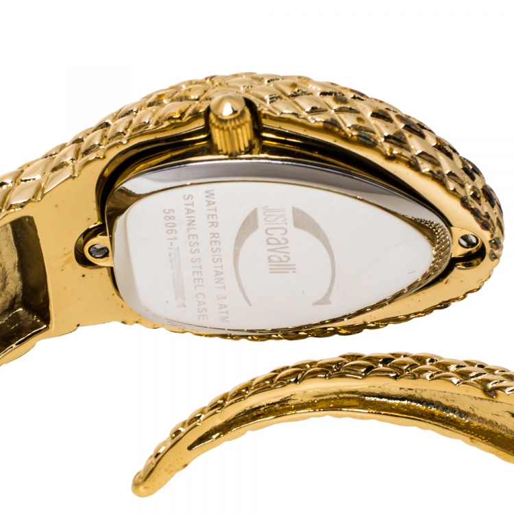 Pre Owned Just Cavalli Champagne Gold Plated Stainless Steel Serpent Bracelet Poison Women's Wristwatch 27 mm