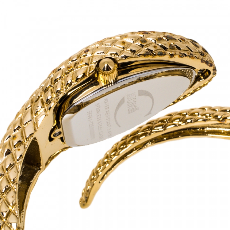 Pre Owned Just Cavalli Champagne Gold Plated Stainless Steel Serpent Bracelet Poison Women's Wristwatch 27 mm