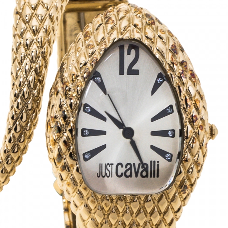 Pre Owned Just Cavalli Champagne Gold Plated Stainless Steel Serpent Bracelet Poison Women's Wristwatch 27 mm