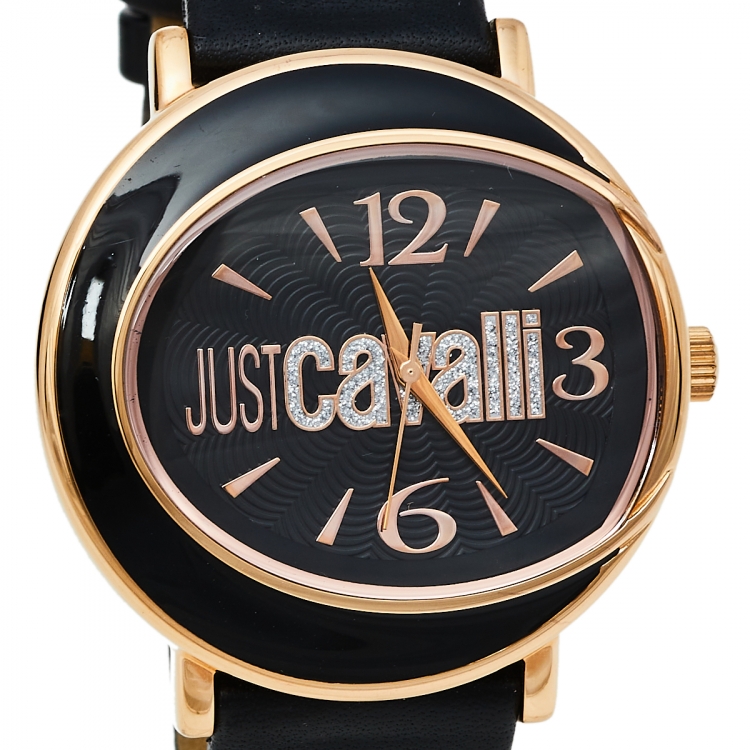 مملوكة مسبقًا Just Cavalli Black Gold Tone Stainless Steel & Leather R7251186525 Women's Wristwatch 42 mm