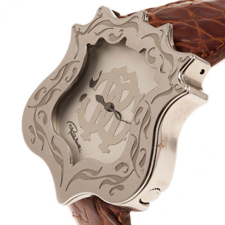 Pre Owned Roberto Cavalli White Stainless Steel Classic Leather Women's Wristwatch 42MM