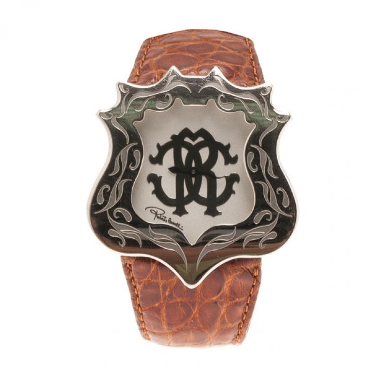 Pre Owned Roberto Cavalli White Stainless Steel Classic Leather Women's Wristwatch 42MM