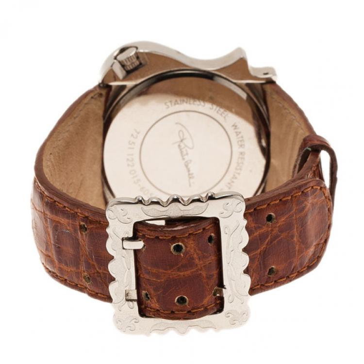 Pre Owned Roberto Cavalli White Stainless Steel Classic Leather Women's Wristwatch 42MM