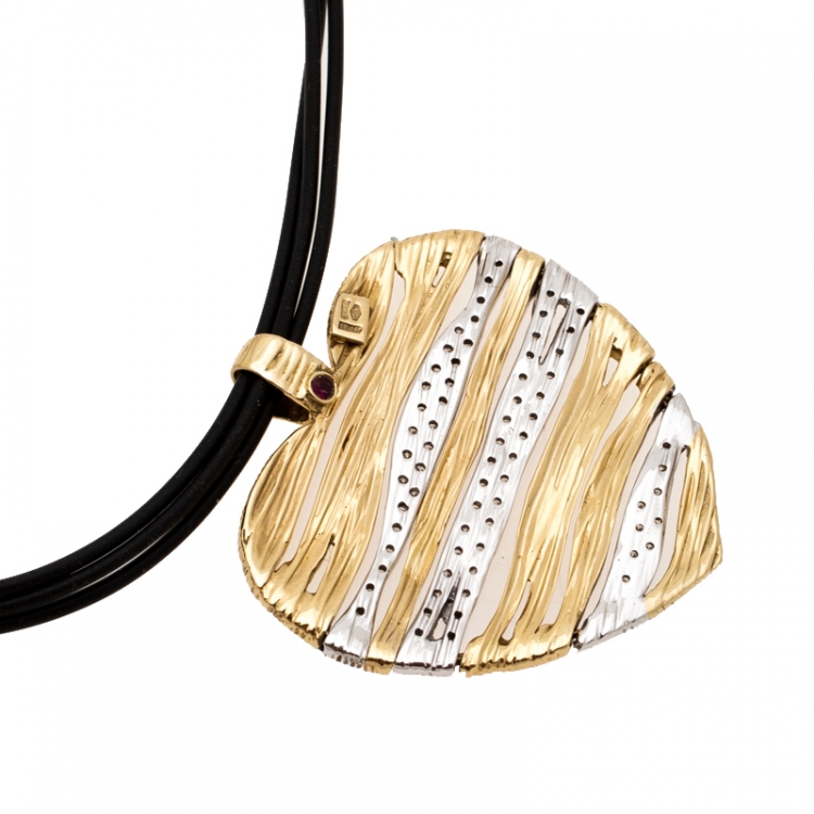 Pre Owned Roberto Coin Heart Diamond Textured 18k Two Tone Gold Flexible Pendant Cord Necklace