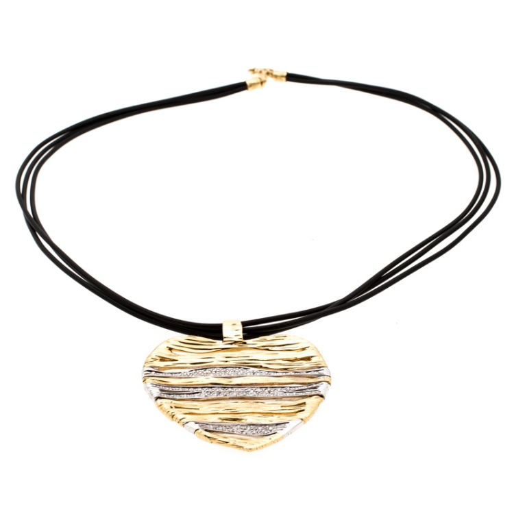 Pre Owned Roberto Coin Heart Diamond Textured 18k Two Tone Gold Flexible Pendant Cord Necklace