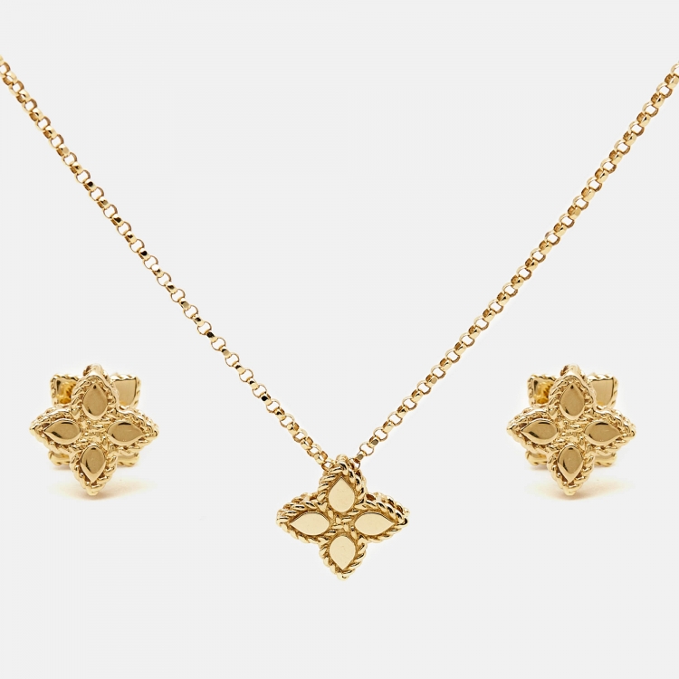 Pre Owned Roberto Coin Princess Flower 18K Yellow Gold Necklace & Earrings Set