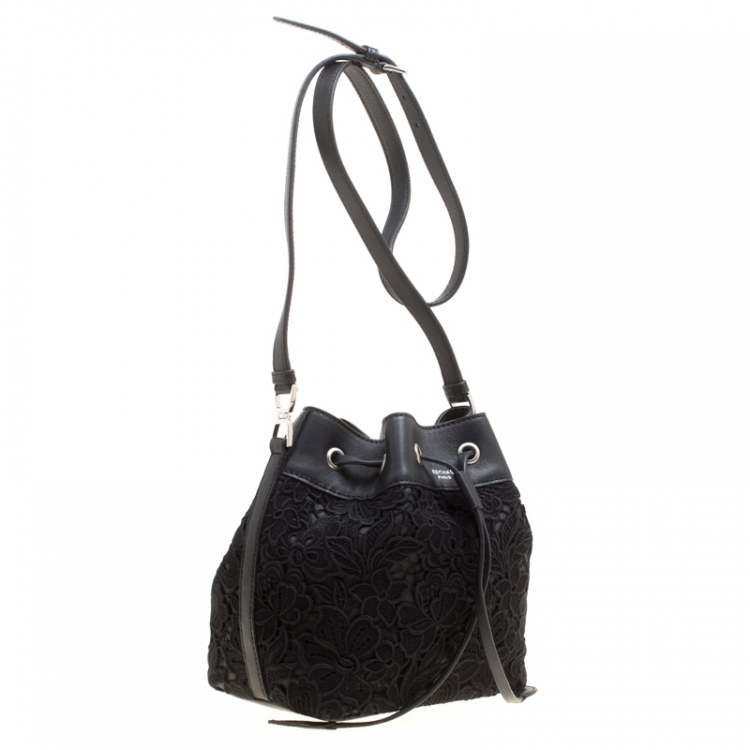 Pre Owned Rochas Black Lace and Leather Mini Duffle Drawstring Bucket Bag