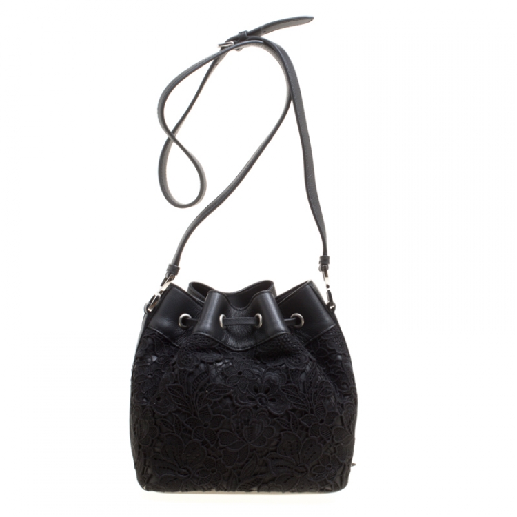 Pre Owned Rochas Black Lace and Leather Mini Duffle Drawstring Bucket Bag