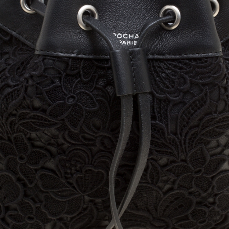 Pre Owned Rochas Black Lace and Leather Mini Duffle Drawstring Bucket Bag