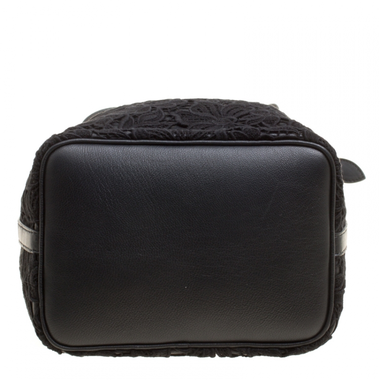 Pre Owned Rochas Black Lace and Leather Mini Duffle Drawstring Bucket Bag