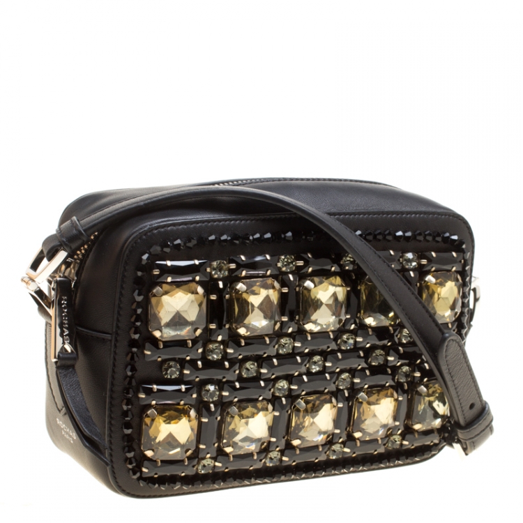 Pre Owned Rochas Black Leather Crystal Embellished Crossbody Bag