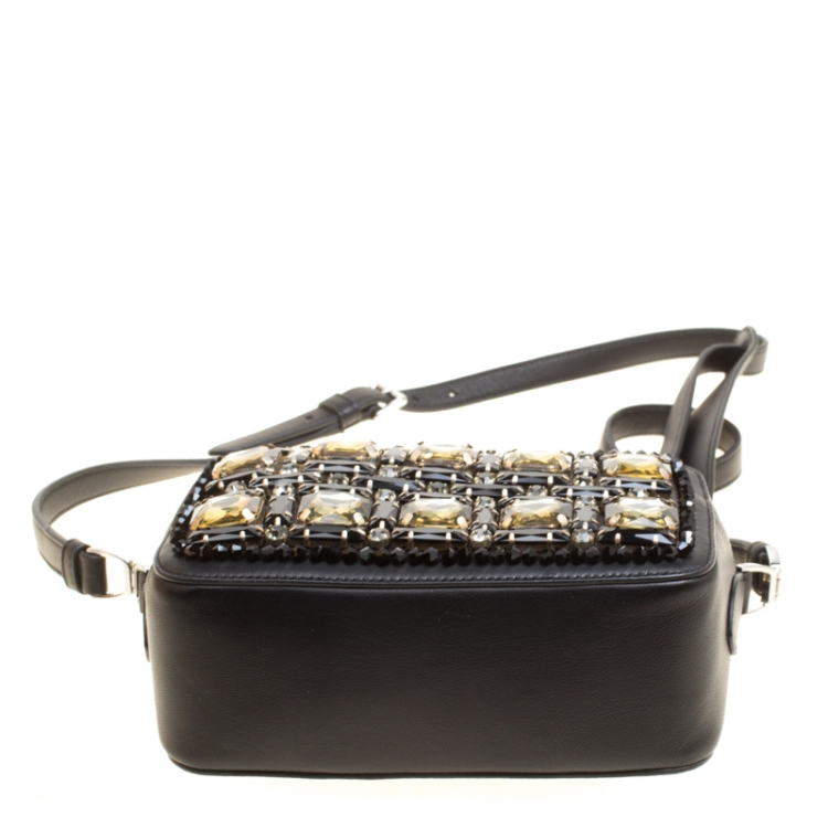 Pre Owned Rochas Black Leather Crystal Embellished Crossbody Bag
