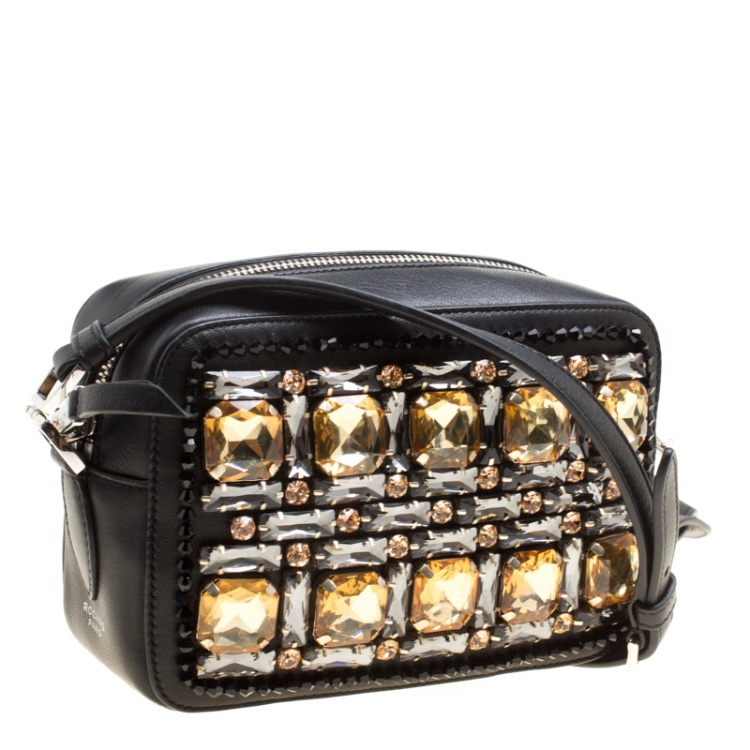 مملوكة مسبقًا Rochas Black Leather Crystal Embellished Crossbody Bag
