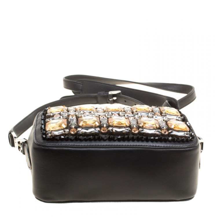 مملوكة مسبقًا Rochas Black Leather Crystal Embellished Crossbody Bag