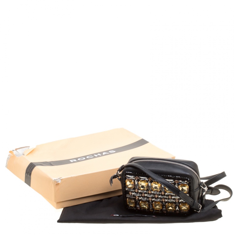 مملوكة مسبقًا Rochas Black Leather Crystal Embellished Crossbody Bag