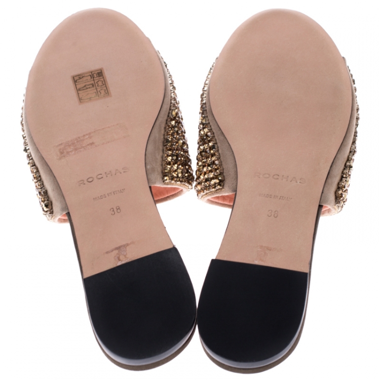 Pre Owned Rochas Beige Suede Crystal Embellished Open Toe Flat Slides Size 38
