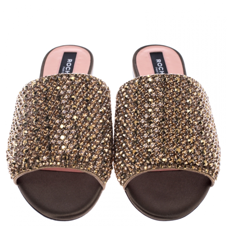Pre Owned Rochas Beige Suede Crystal Embellished Open Toe Flat Slides Size 38