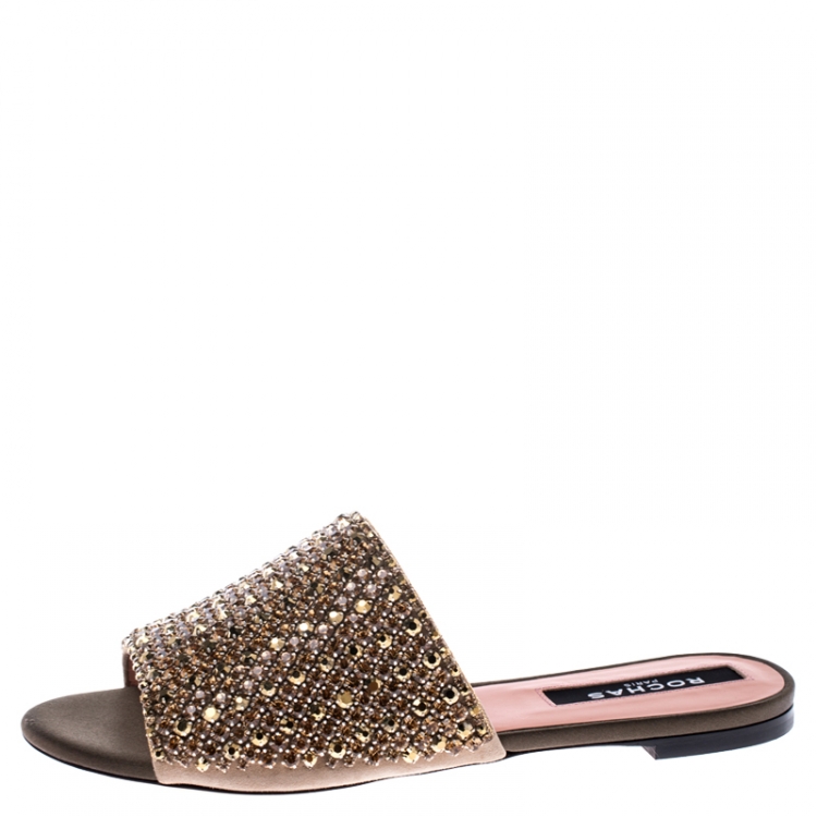 Pre Owned Rochas Beige Suede Crystal Embellished Open Toe Flat Slides Size 38