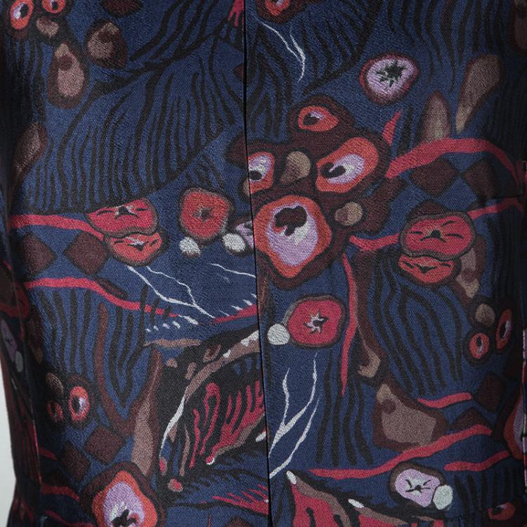 Pre Owned Rochas Navy Blue Printed Silk Wool Blend Sleeveless Zip Front Dress M