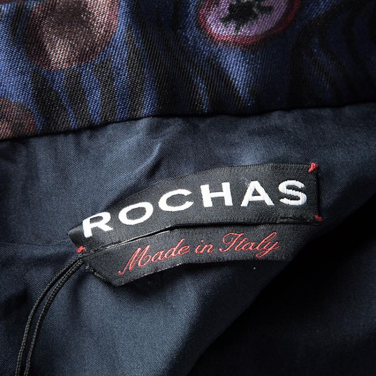 Pre Owned Rochas Navy Blue Printed Silk Wool Blend Sleeveless Zip Front Dress M