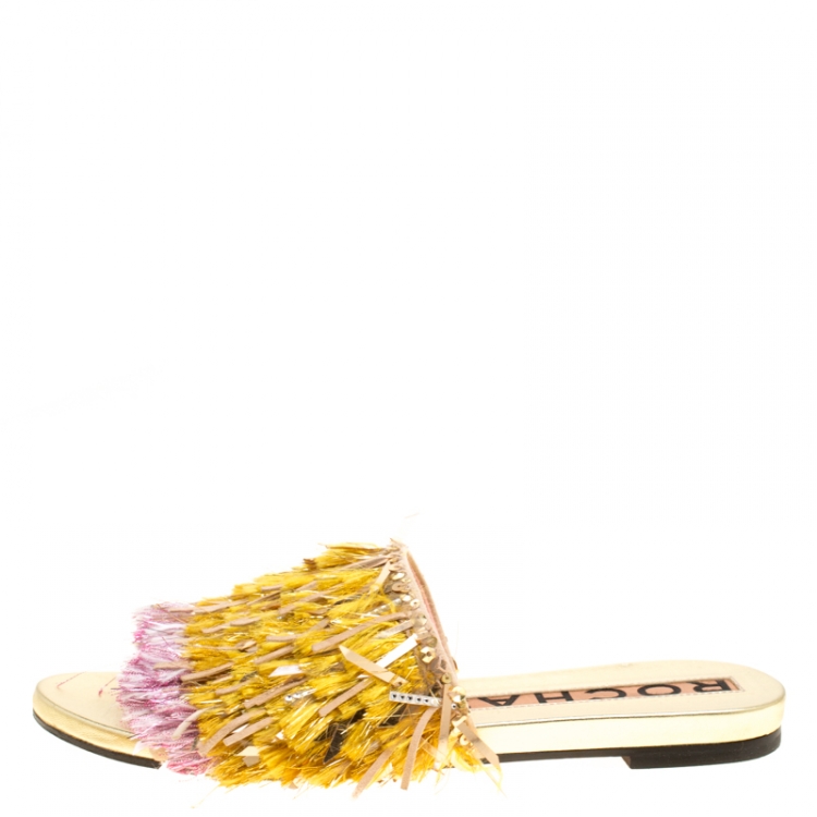 Pre Owned Rochas Multicolor Fringe Embellished Flat Slides Size 39
