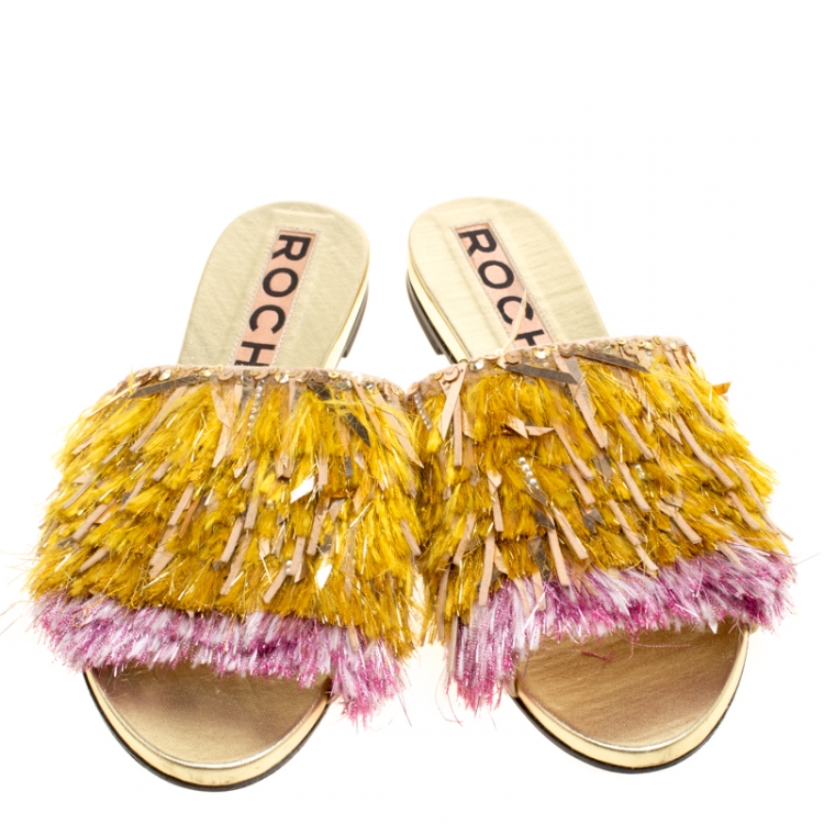 Pre Owned Rochas Multicolor Fringe Embellished Flat Slides Size 39