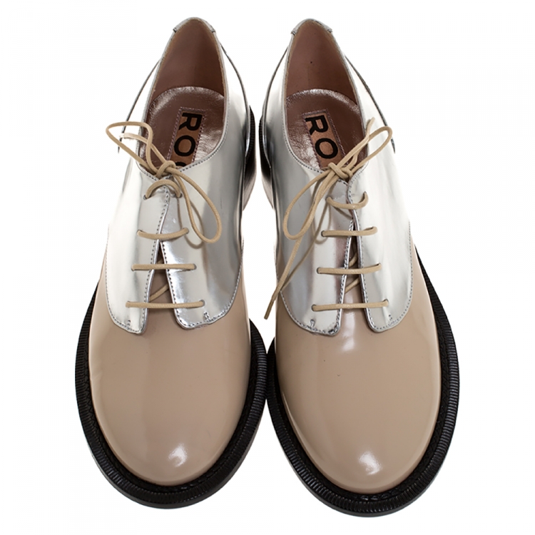 Pre Owned Rochas Nude/Metallic Silver Leather Lace Up Derby Size 38
