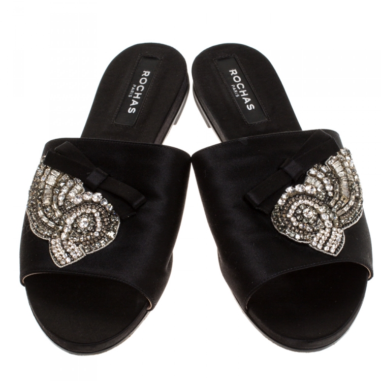 Pre Owned Rochas Black Satin Crystal And Bow Embellished Flat Mule Slides Size 39