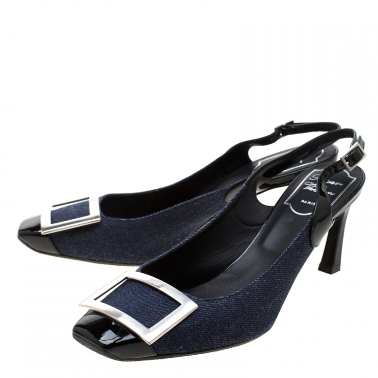 Pre Owned Roger Vivier Blue Denim And Black Leather Trompette Slingback Sandals Size 38