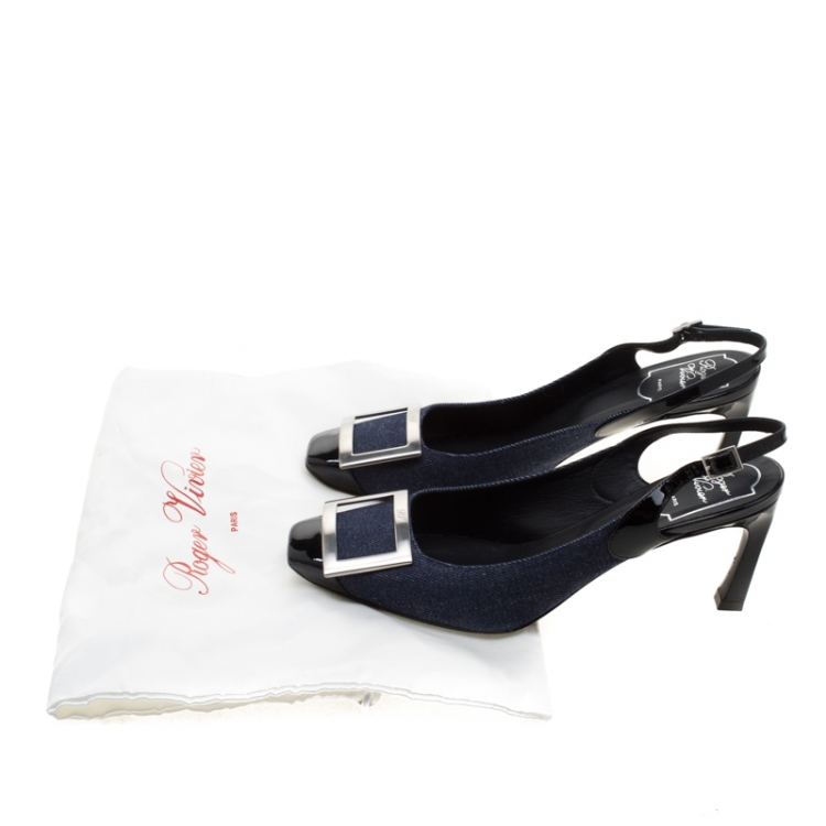 Pre Owned Roger Vivier Blue Denim And Black Leather Trompette Slingback Sandals Size 38