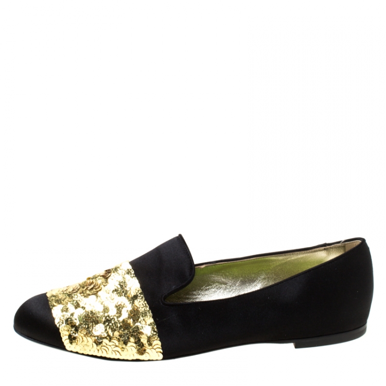 Pre Owned Roger Vivier Black Satin Sequins Embellished Smoking Slippers Size 37.5