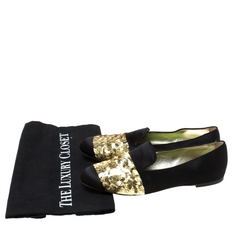 Pre Owned Roger Vivier Black Satin Sequins Embellished Smoking Slippers Size 37.5