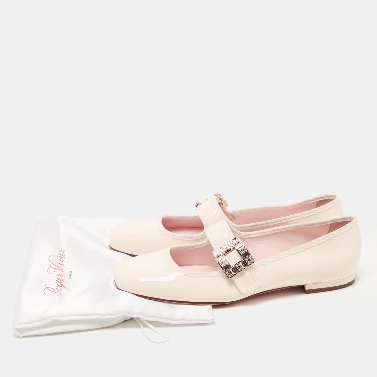 Pre Owned Roger Vivier Cream Patent Viv Crystal Embellished Buckle Mary Jane Ballet Flats Size 41.5