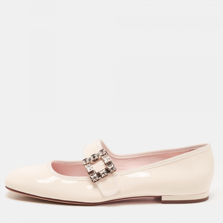 Pre Owned Roger Vivier Cream Patent Viv Crystal Embellished Buckle Mary Jane Ballet Flats Size 41.5