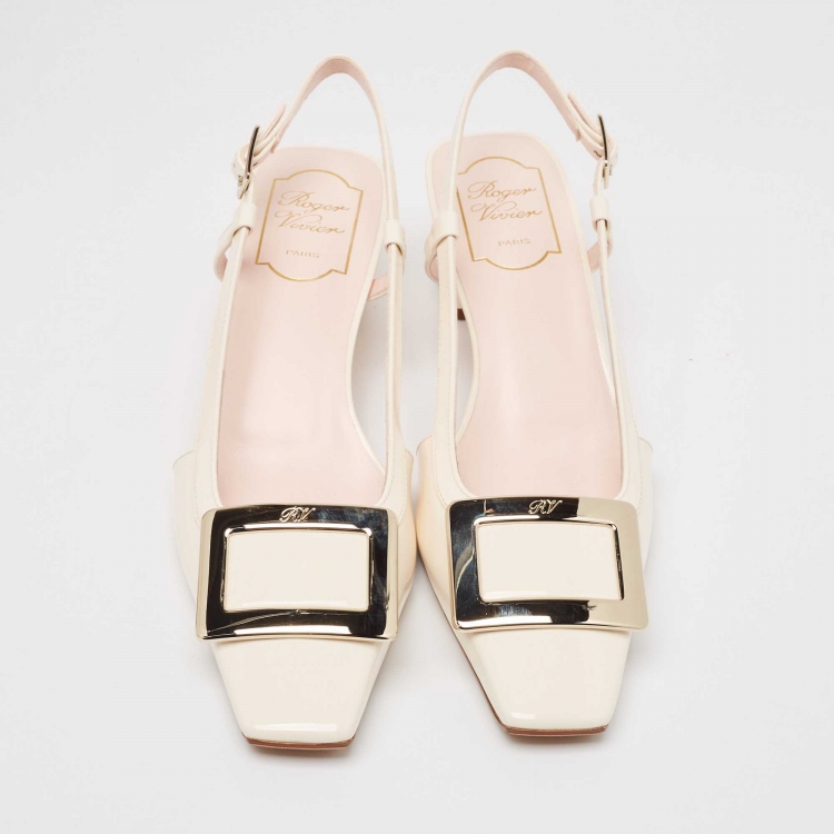 مملوكة مسبقًا Roger Vivier Cream Patent Leather Belle Vivier 45  Slingback Pumps Size 39.5