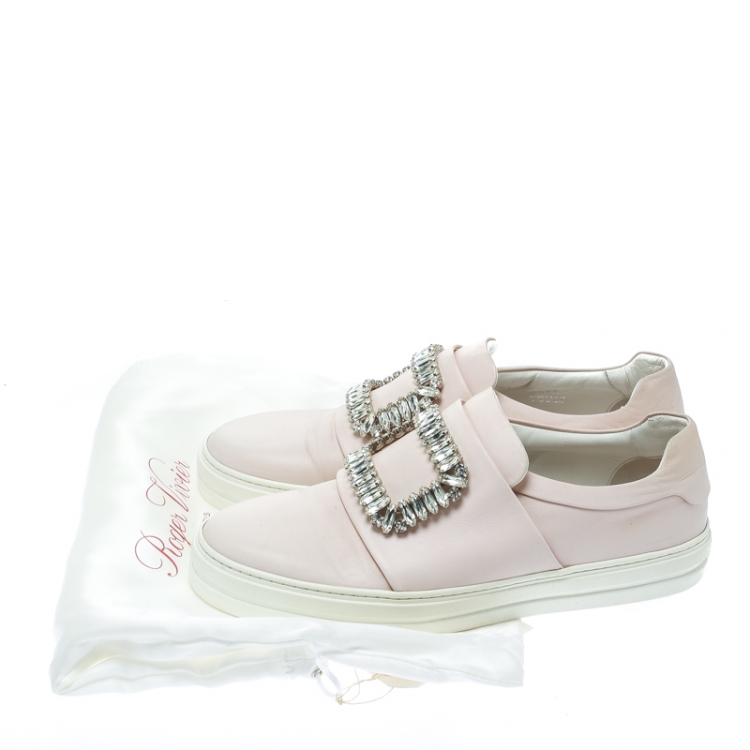 Pre Owned Roger Vivier Blush Pink Leather Sneaky Viv Embellished Slip On Sneakers Size 38.5