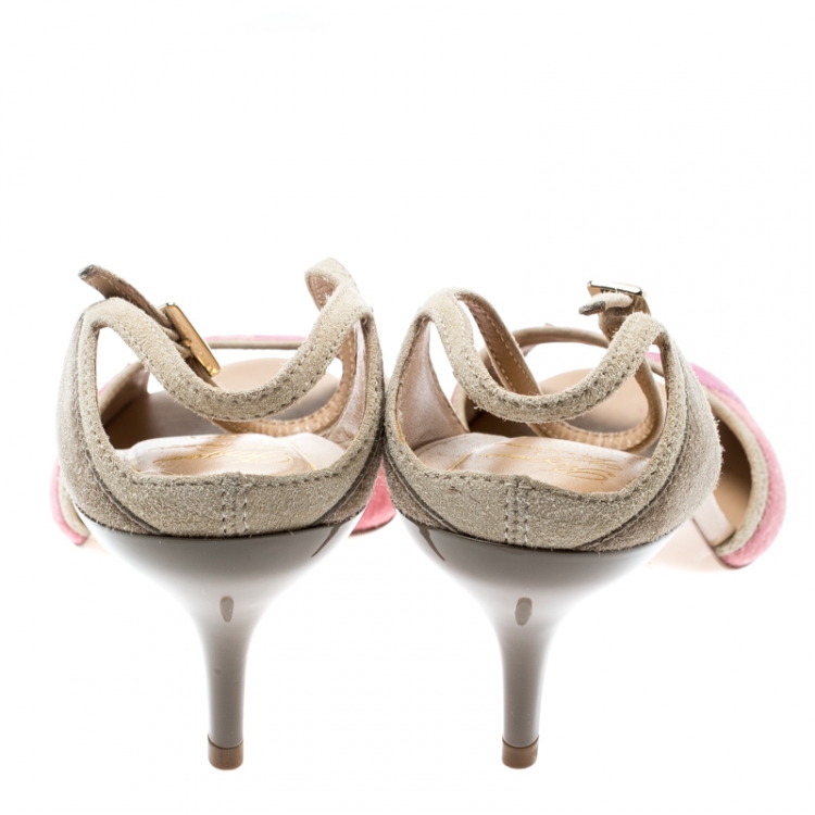 Pre Owned Roger Vivier Pink And Beige Suede Peep Toe Ankle Strap Sandals Size 37