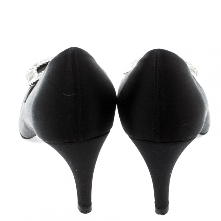 Pre Owned Roger Vivier Black Embellished Satin Limelight Buckle Pumps Size 37