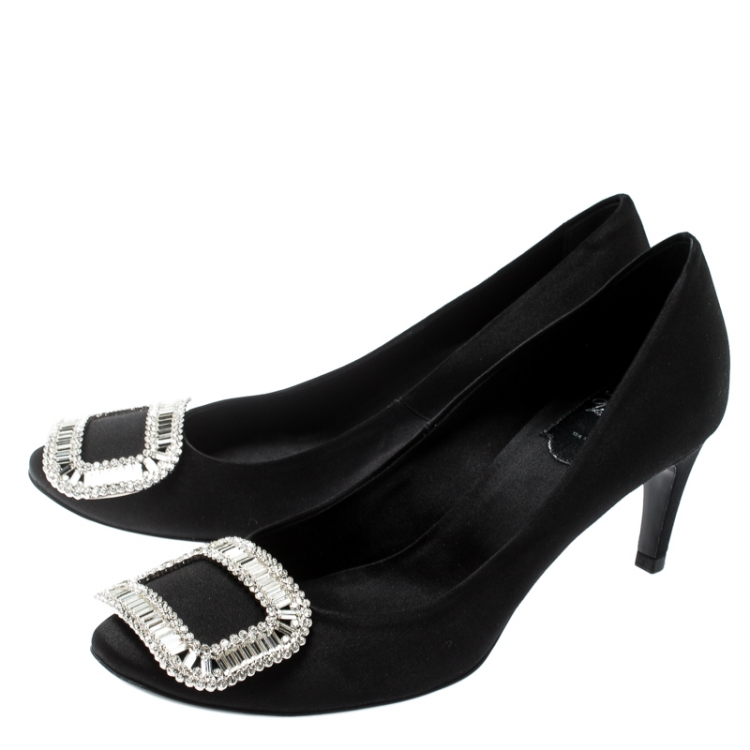 Pre Owned Roger Vivier Black Embellished Satin Limelight Buckle Pumps Size 37